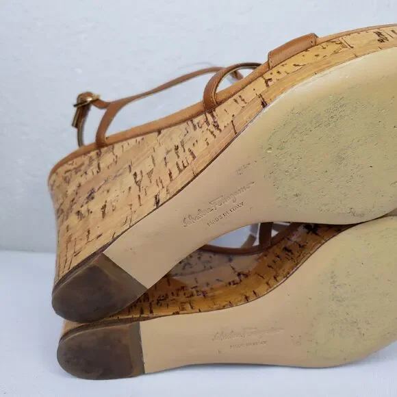Salvatore Ferragamo Platform Cork Wedges Brown Leather SandalsItaly